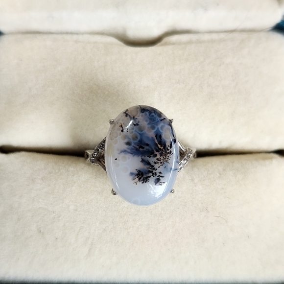 S925 Dendritic Blue agate ring adjustable size band - Picture 8 of 10